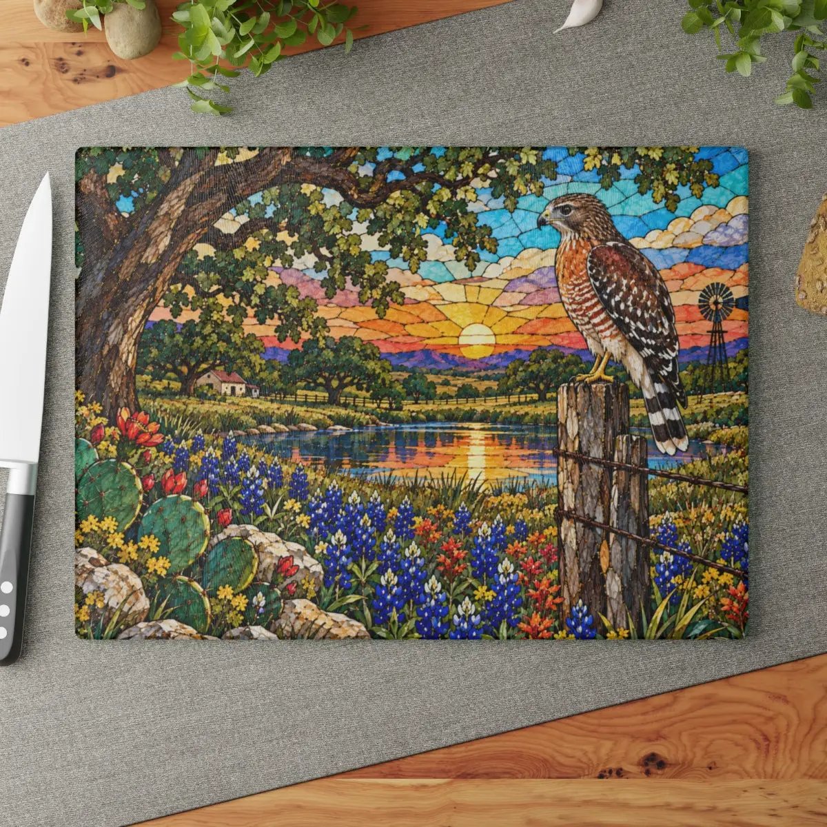 Red Shouldered Hawk Glass Cutting Board, Texas Wildlife Kitchen Decor, Bluebonnet Hawk Art, Bird Lover Gift, Rustic Texas Gift