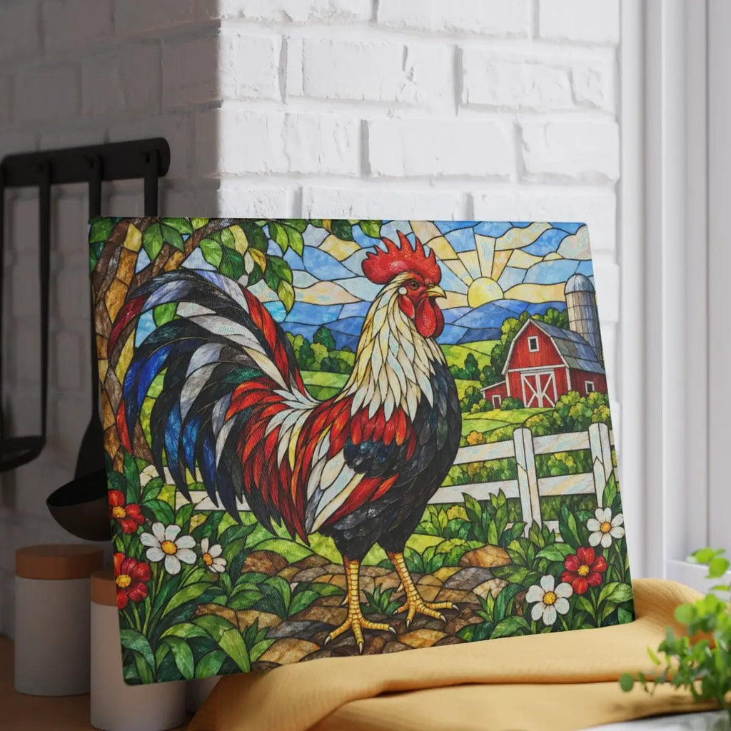 Rooster Glass Cutting Board, Red Barn Farmhouse Kitchen Decor, Country Rooster Art, Stained Glass Farm Decor, Rustic Kitchen Gift