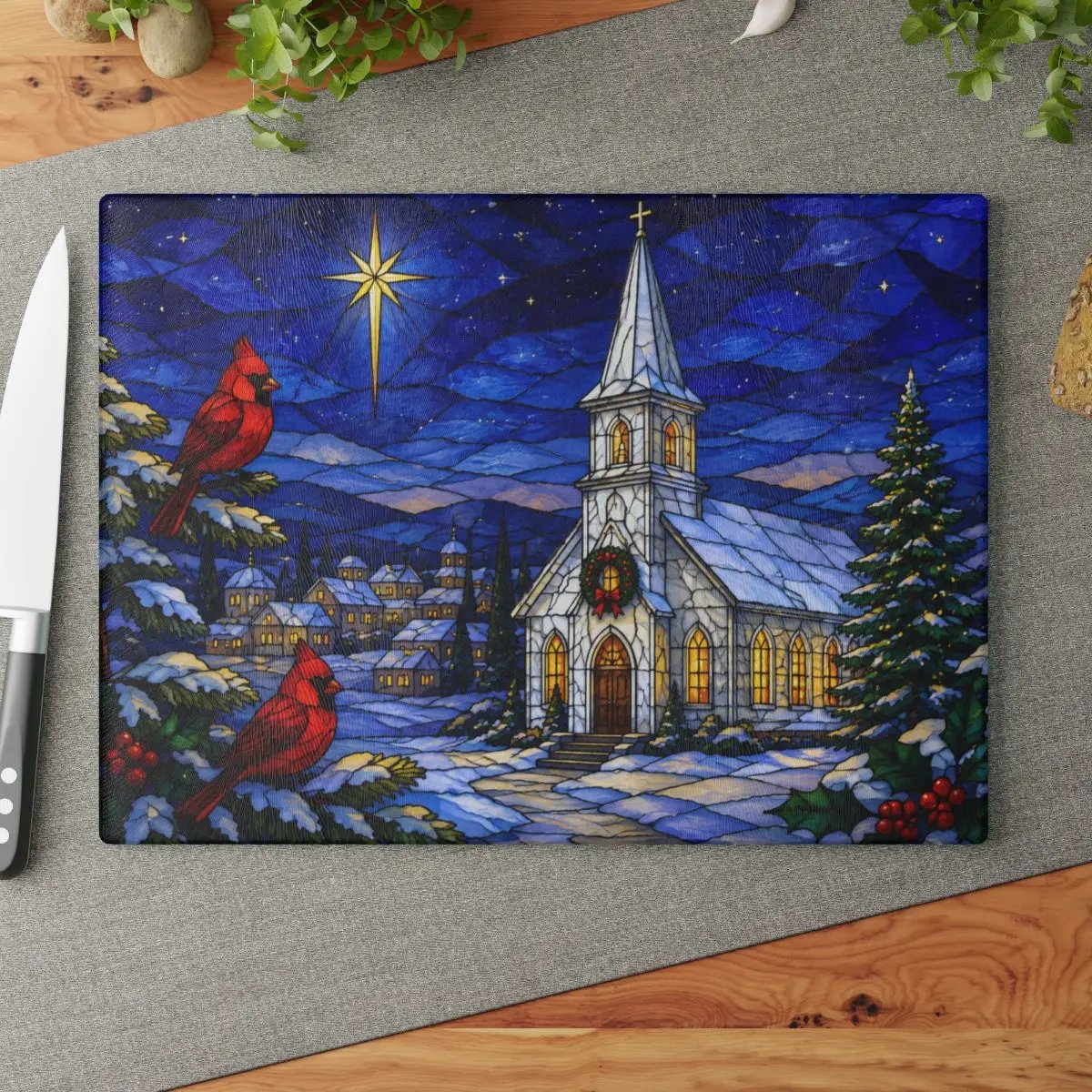 Christmas Church Glass Cutting Board, Cardinal Stained Glass Decor, Christian Christmas Kitchen Gift, Religious Holiday Decor
