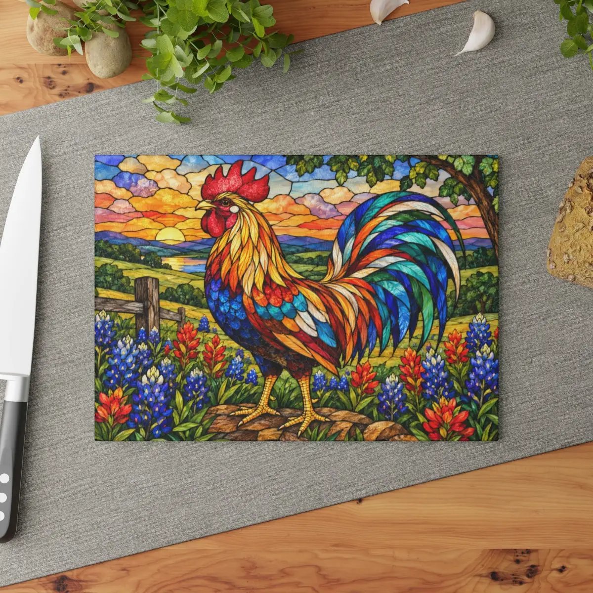 Rooster Glass Cutting Board, Bluebonnet Kitchen Decor, Colorful Farmhouse Rooster Art, Country Wildflower Decor, Stained Glass Gift