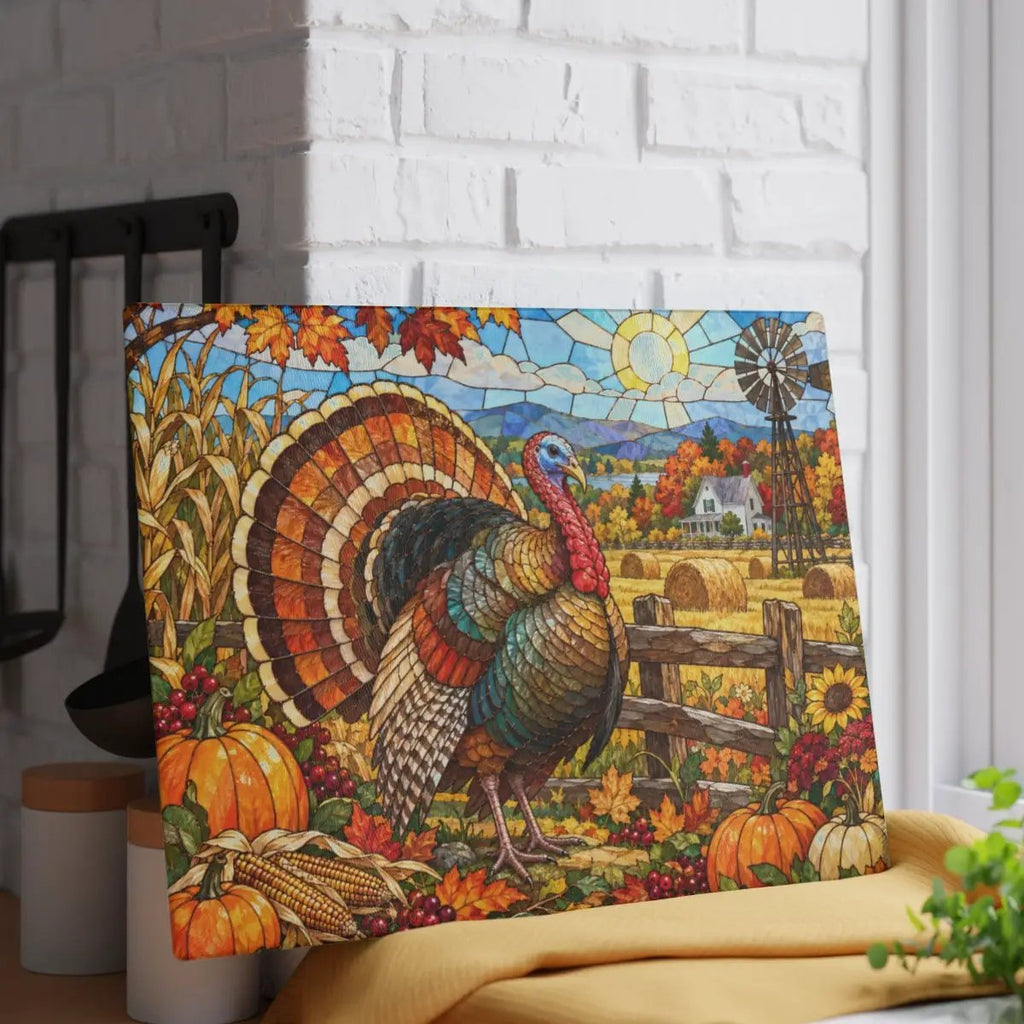 Thanksgiving Turkey Glass Cutting Board, Farmhouse Fall Kitchen Decor, Country Harvest Turkey Cutting Board, Autumn Kitchen Gift