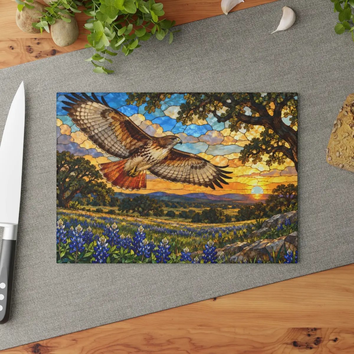 Red-Tailed Hawk Glass Cutting Board, Wildlife Kitchen Decor, Bird Lover Gift, Scenic Sunset Countryside Chopping Board, Nature Home Accent