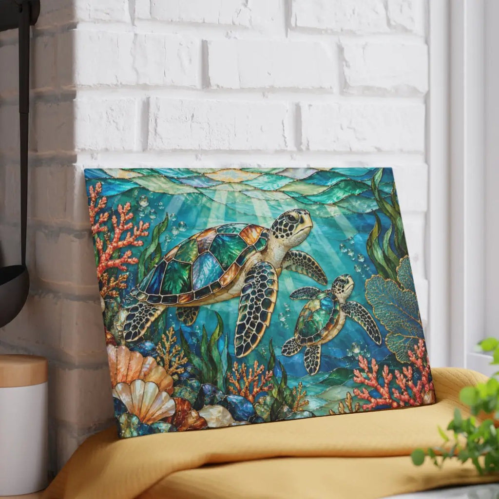 Sea Turtle Cutting Board, Ocean Kitchen Decor, Marine Life Glass Chopping Board, Coastal Sea Turtle Gift, Coral Reef Kitchen Art Piece
