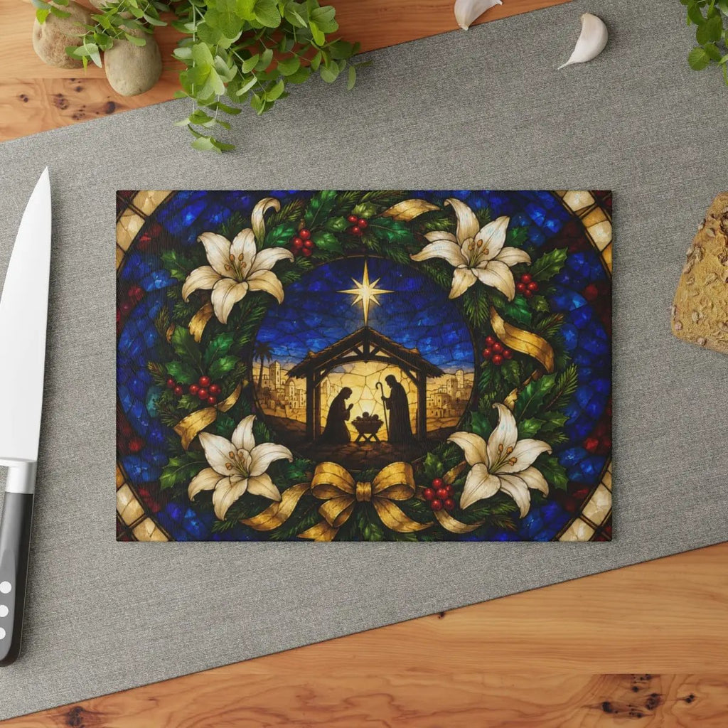 Nativity Glass Cutting Board, Stained Glass Christmas Decor, Holy Family Christian Kitchen Gift, Religious Christmas Cutting Board