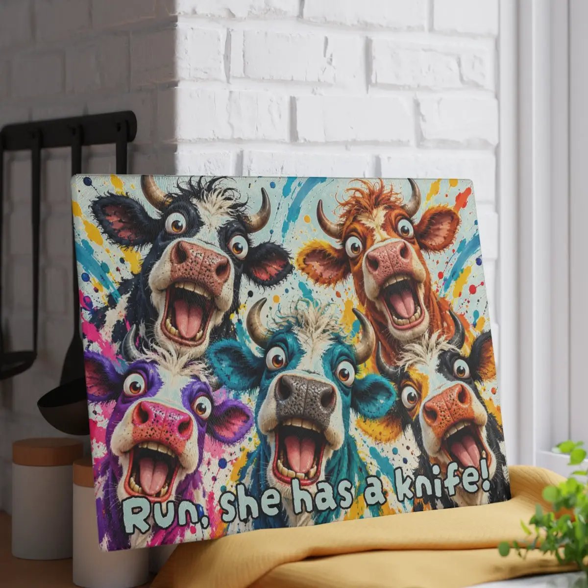 Screaming Cow Cutting Board, Funny Cow Glass Cutting Board, Colorful Cow Kitchen Decor, Farm Animal Gift, Cow Lover Gift
