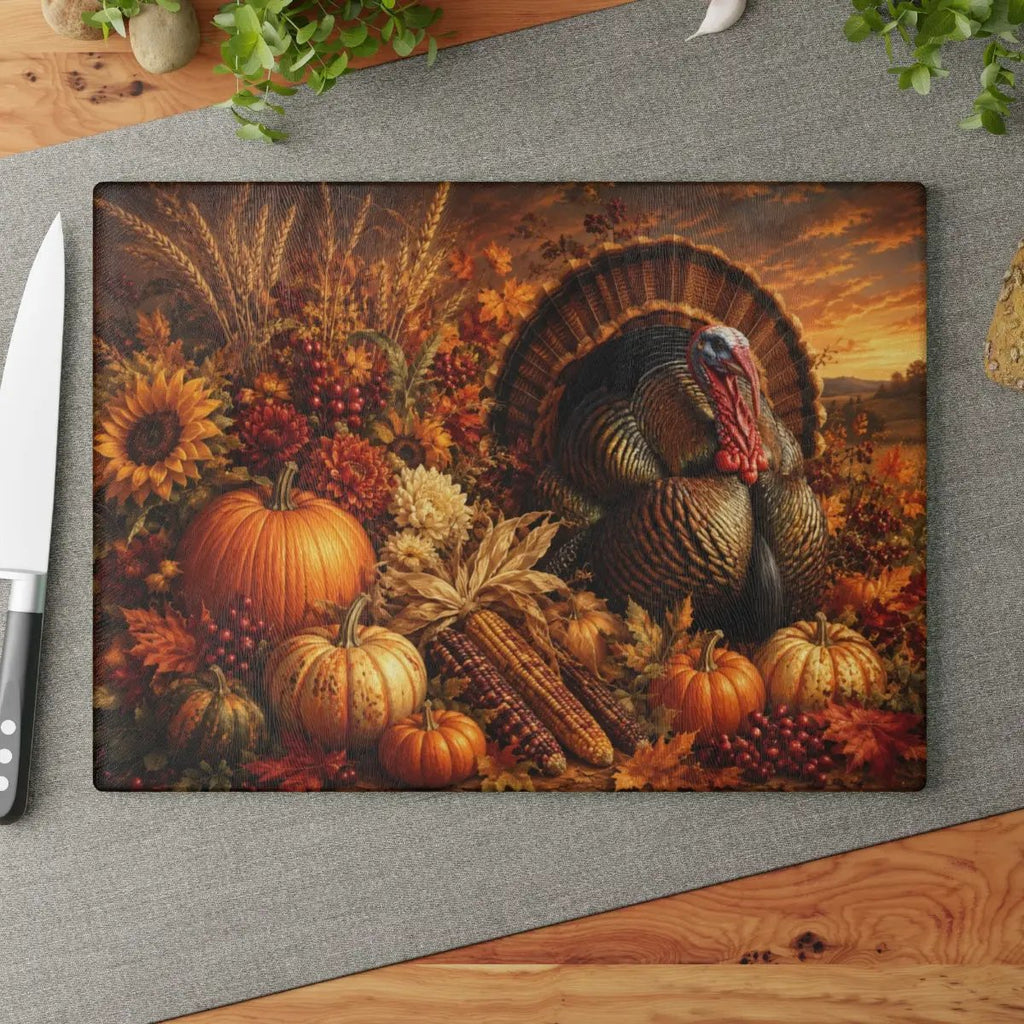 Turkey Glass Cutting Board, Thanksgiving Kitchen Decor, Fall Harvest Cutting Board, Turkey Hostess Gift
