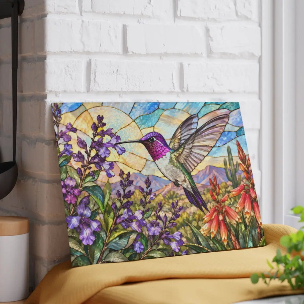 Hummingbird Cutting Board, Stained Glass Hummingbird Decor, Desert Wildflower Kitchen Decor, Bird Lover Gift, Southwest Decor