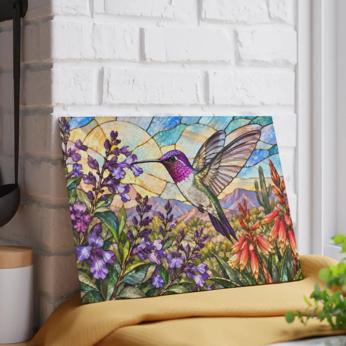 Hummingbird Cutting Board, Stained Glass Hummingbird Decor, Desert Wildflower Kitchen Decor, Bird Lover Gift, Southwest Decor