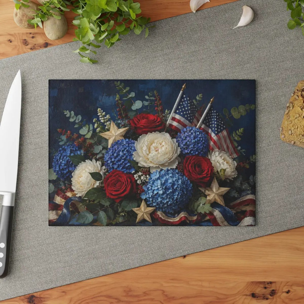 Patriotic Floral Cutting Board, American Flag Glass Cutting Board, Red White Blue Kitchen Decor, Americana Gift, 4th of July Decor