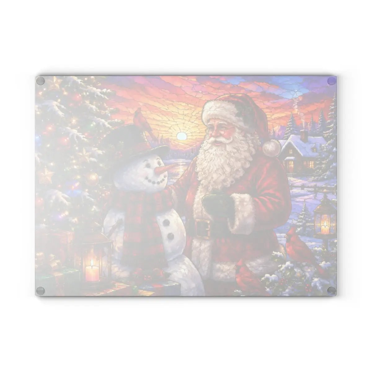 Santa and Snowman Glass Cutting Board, Christmas Kitchen Decor, Cardinal Holiday Gift, Stained Glass Christmas Serving Board, Santa Decor