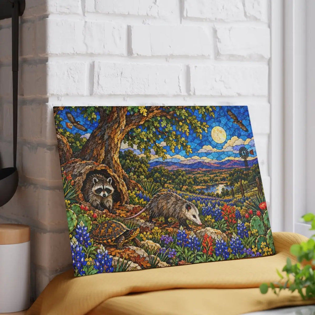 Raccoon and Possum Glass Cutting Board, Texas Wildlife Kitchen Decor, Opossum Raccoon Gift, Bluebonnet Country Cutting Board