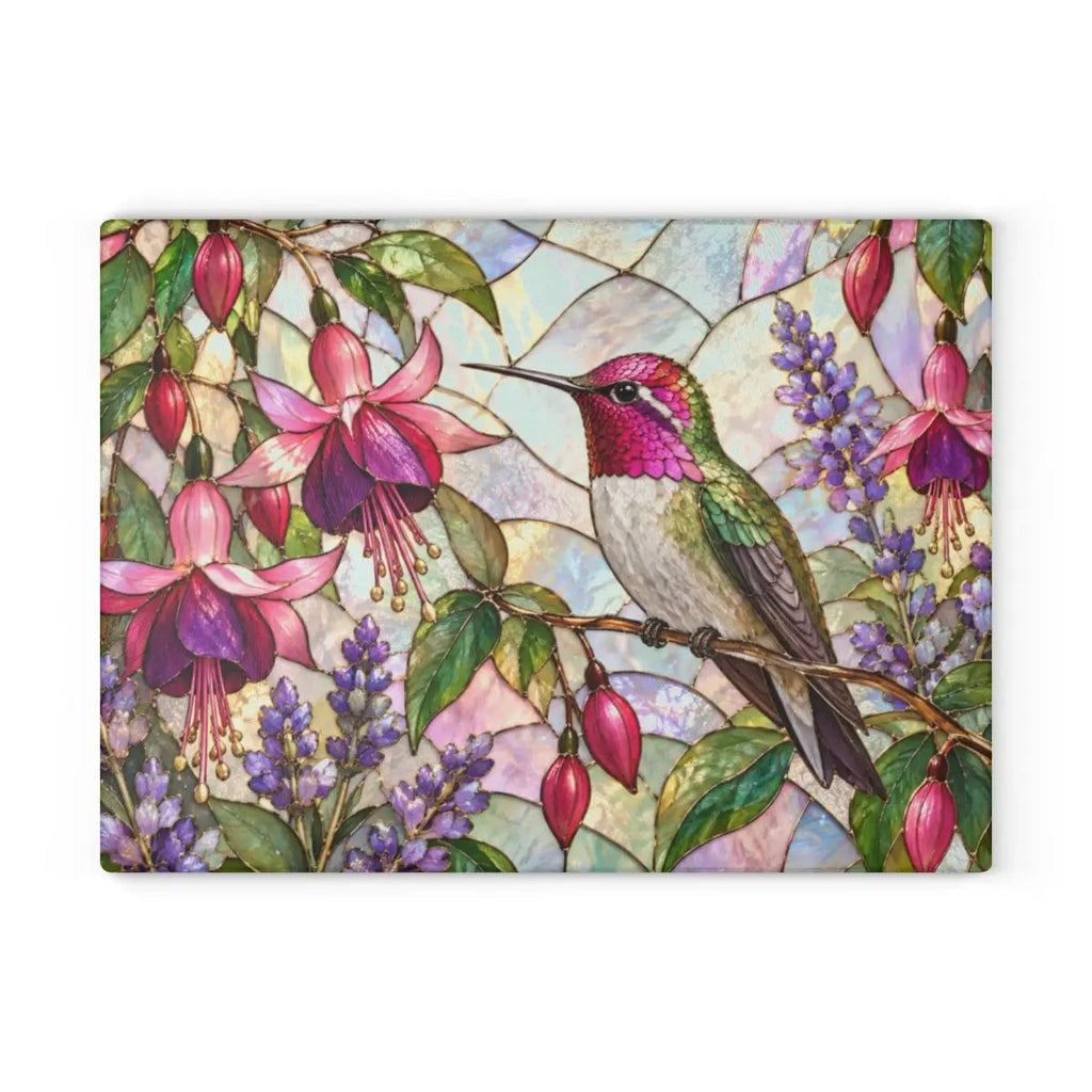 Hummingbird Cutting Board, Stained Glass Hummingbird Decor, Fuchsia Flower Kitchen Decor, Bird Lover Gift, Garden Lover Gift