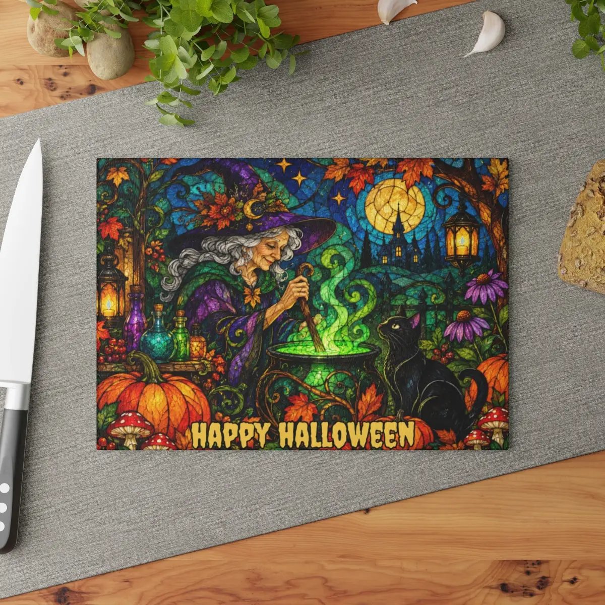 Halloween Witch Cauldron Personalized Glass Cutting Board, Spooky Black Cat Kitchen Decor