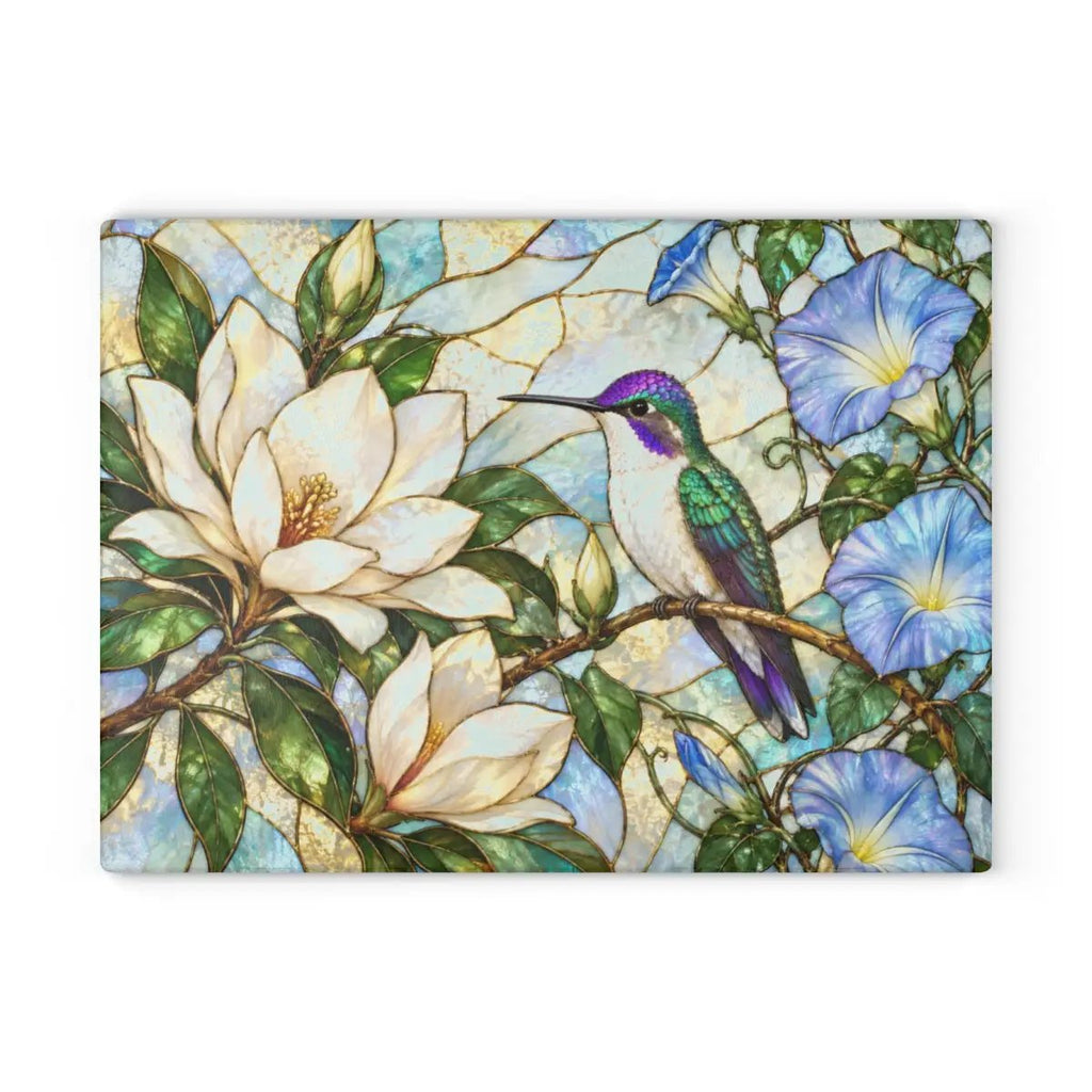 Hummingbird Cutting Board, Stained Glass Bird Decor, Magnolia Flower Kitchen Decor, Morning Glory Gift, Nature Lover Gift