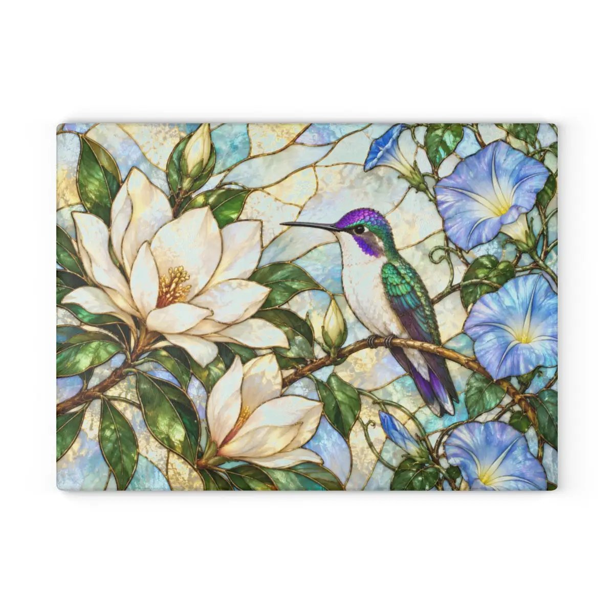 Hummingbird Cutting Board, Stained Glass Bird Decor, Magnolia Flower Kitchen Decor, Morning Glory Gift, Nature Lover Gift