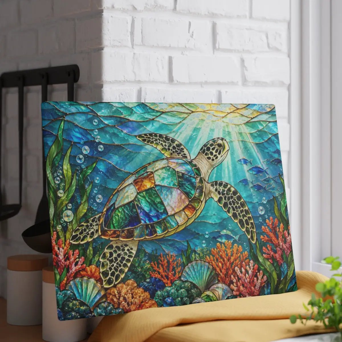 Sea Turtle Glass Cutting Board, Ocean Kitchen Decor, Marine Life Serving Board, Coastal Home Gift, Underwater Art Kitchen Accessory