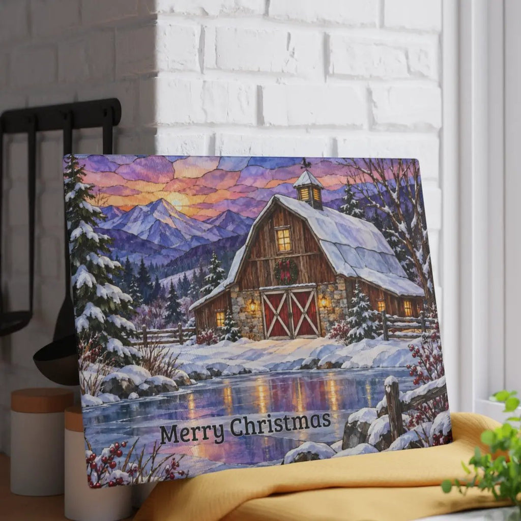 Evergreen Winter Barn Glass Cutting Board, Country Farmhouse Kitchen Decor, Snowy Mountain Barn Christmas Gift