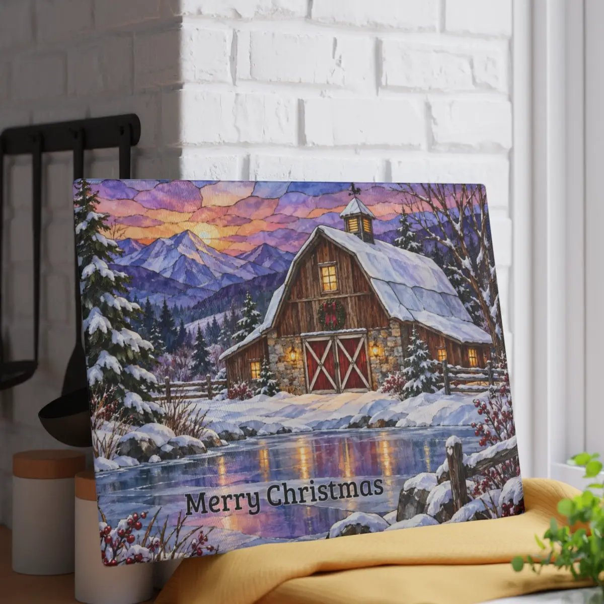 Evergreen Winter Barn Glass Cutting Board, Country Farmhouse Kitchen Decor, Snowy Mountain Barn Christmas Gift