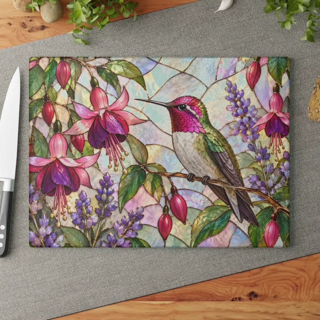 Hummingbird Cutting Board, Stained Glass Hummingbird Decor, Fuchsia Flower Kitchen Decor, Bird Lover Gift, Garden Lover Gift
