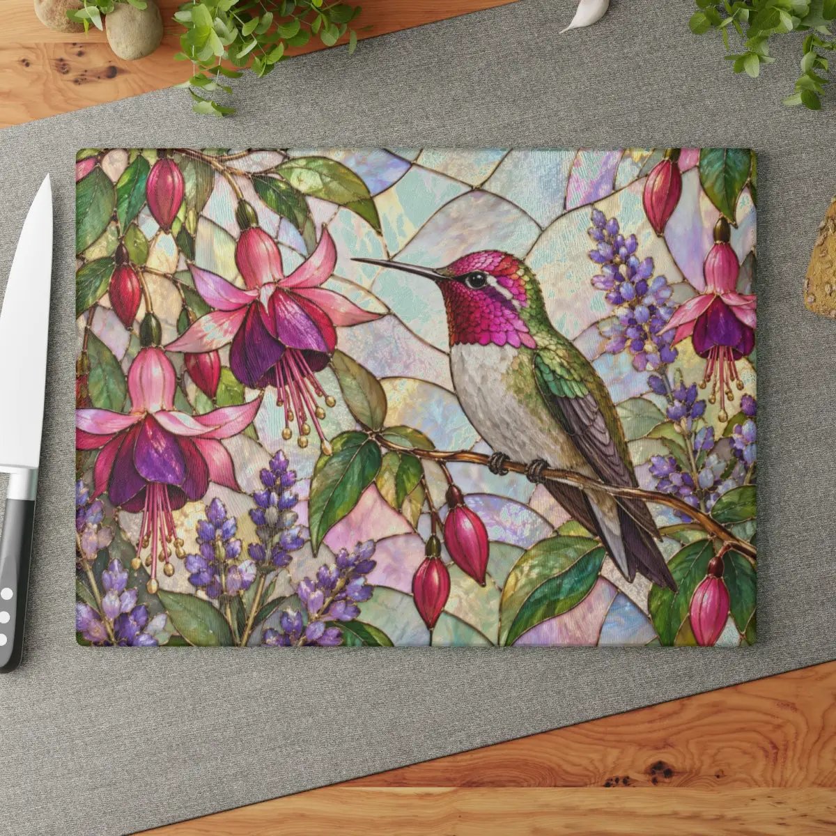 Hummingbird Cutting Board, Stained Glass Hummingbird Decor, Fuchsia Flower Kitchen Decor, Bird Lover Gift, Garden Lover Gift