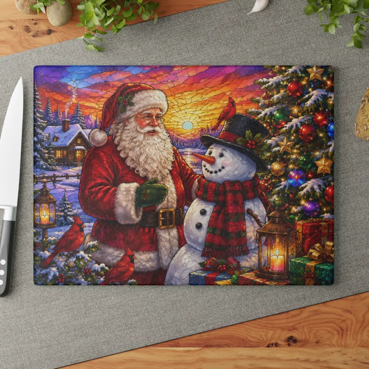 Santa and Snowman Glass Cutting Board, Christmas Kitchen Decor, Cardinal Holiday Gift, Stained Glass Christmas Serving Board, Santa Decor