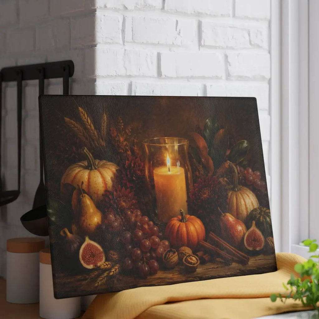 Fall Candle Glass Cutting Board, Cozy Autumn Kitchen Decor, Pumpkin Harvest Cutting Board, Thanksgiving Hostess Gift