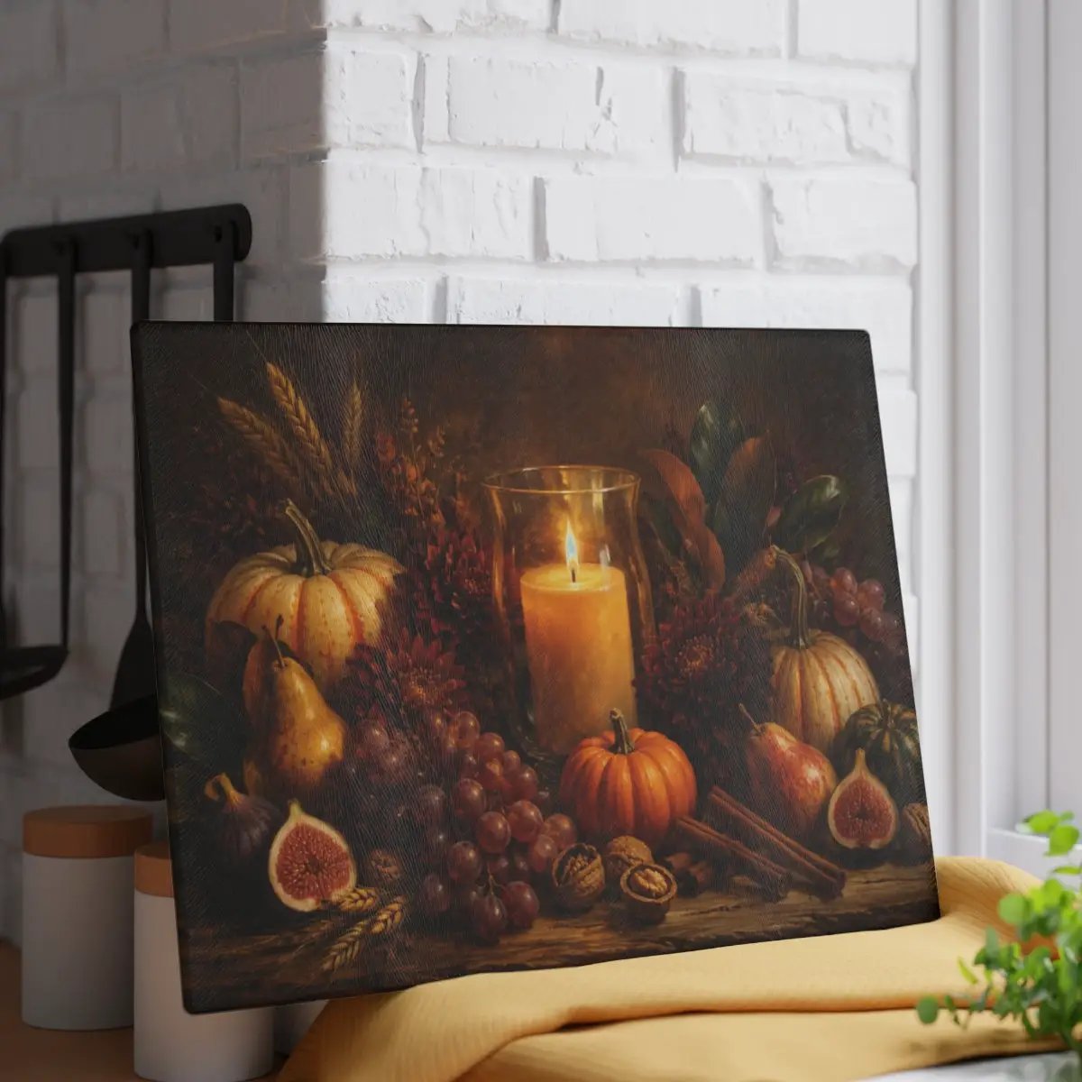 Fall Candle Glass Cutting Board, Cozy Autumn Kitchen Decor, Pumpkin Harvest Cutting Board, Thanksgiving Hostess Gift