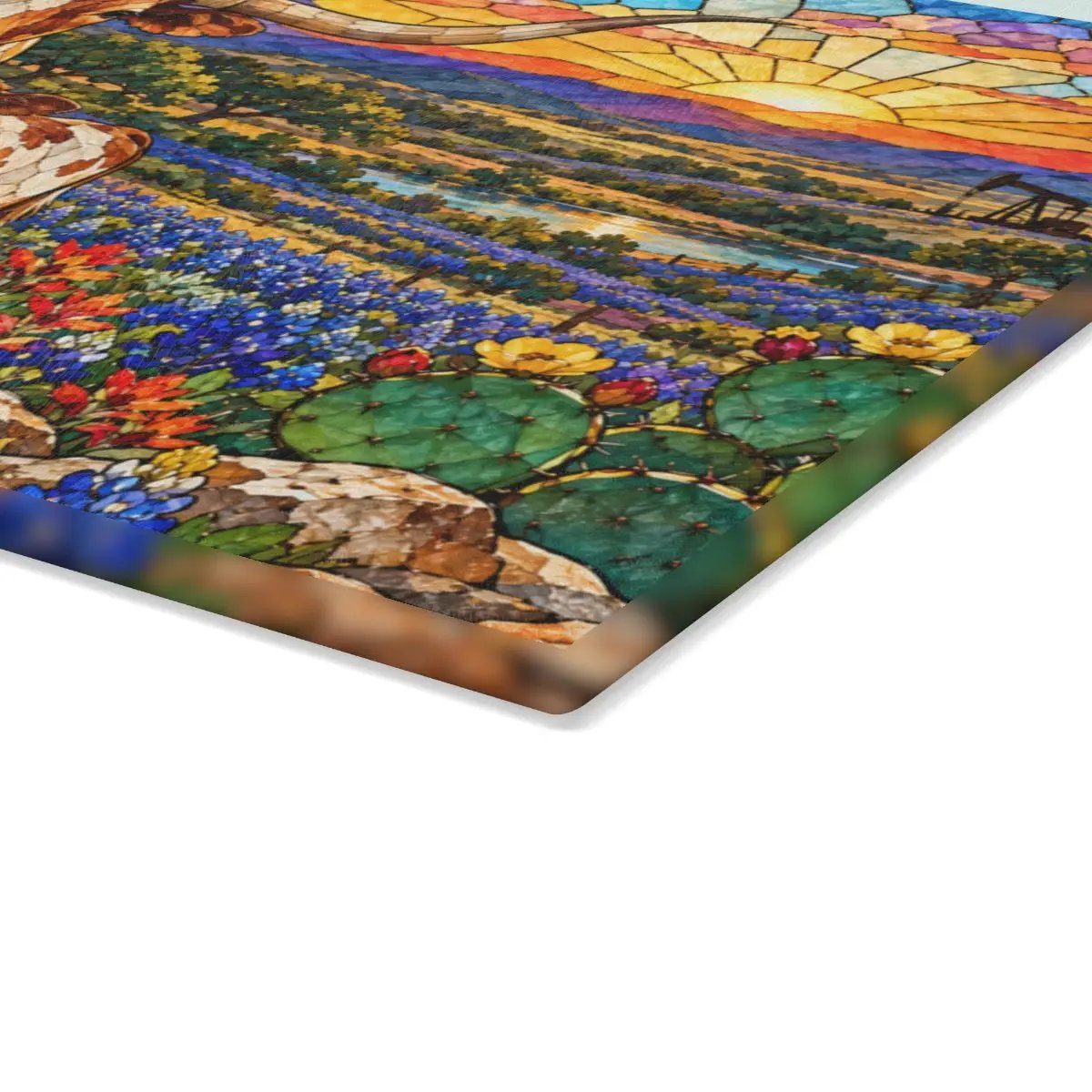 Texas Longhorn Glass Cutting Board, Cow and Calf Bluebonnet Kitchen Decor, Western Ranch Gift, Texas Kitchen Decor, Stained Glass Style