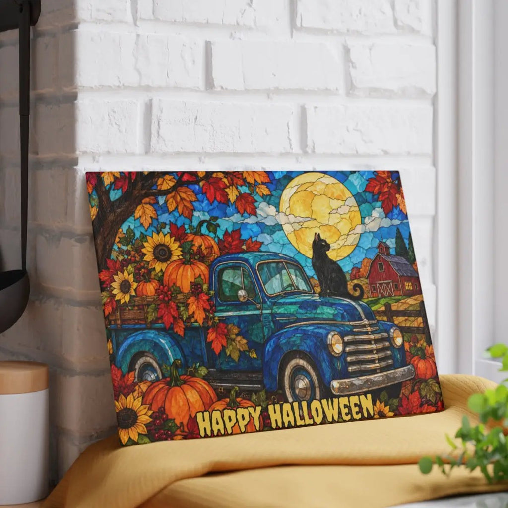 Halloween Fall Truck Personalized Glass Cutting Board, Spooky Pumpkin Kitchen Decor