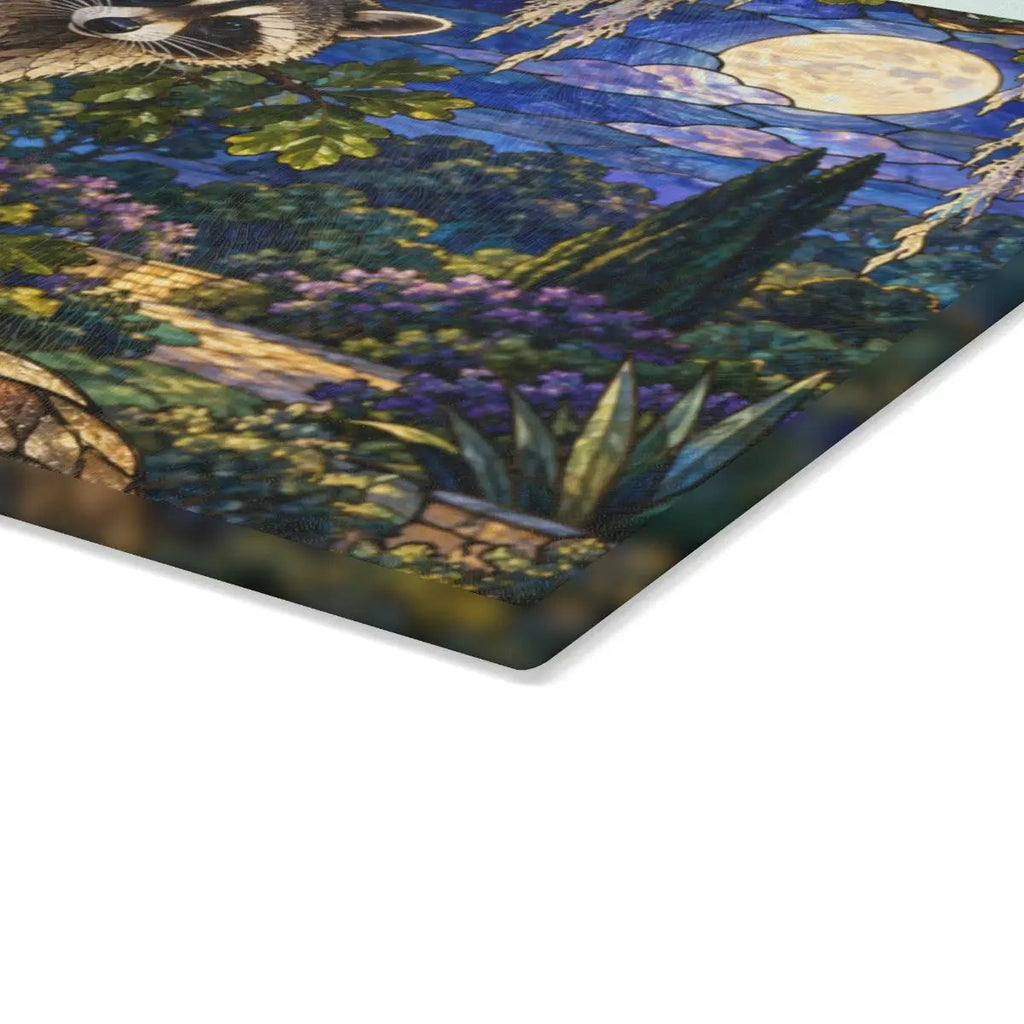 Raccoon Glass Cutting Board, Woodland Kitchen Decor, Moonlit Forest Chopping Board, Wildlife Lover Gift, Rustic Nature Kitchen Accent