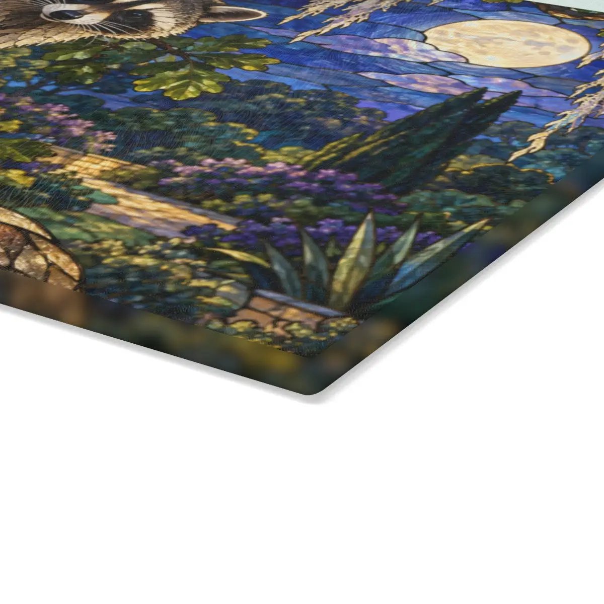Raccoon Glass Cutting Board, Woodland Kitchen Decor, Moonlit Forest Chopping Board, Wildlife Lover Gift, Rustic Nature Kitchen Accent