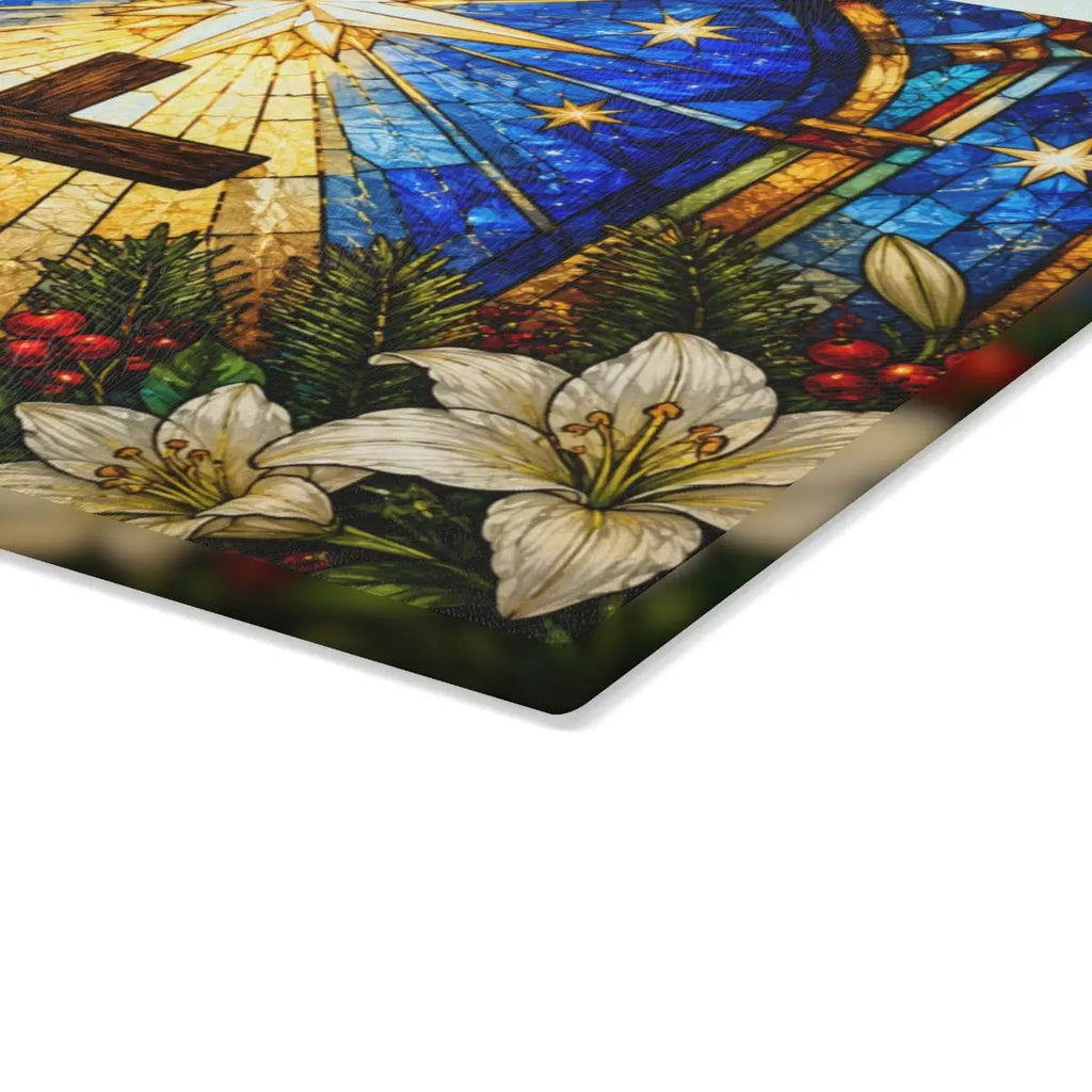Christian Cross Glass Cutting Board, Stained Glass Christmas Decor, Religious Kitchen Gift, Star of Bethlehem Christian Gift