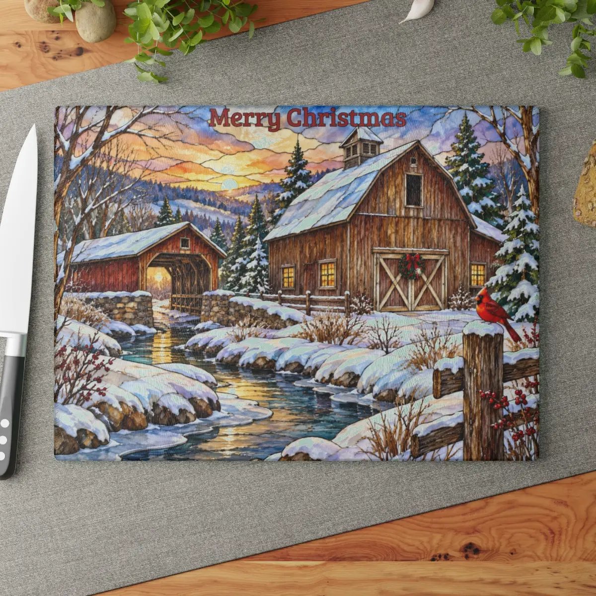 Cardinal Creek Winter Barn Glass Cutting Board, Red Cardinal Farmhouse Kitchen Decor, Country Christmas Gift