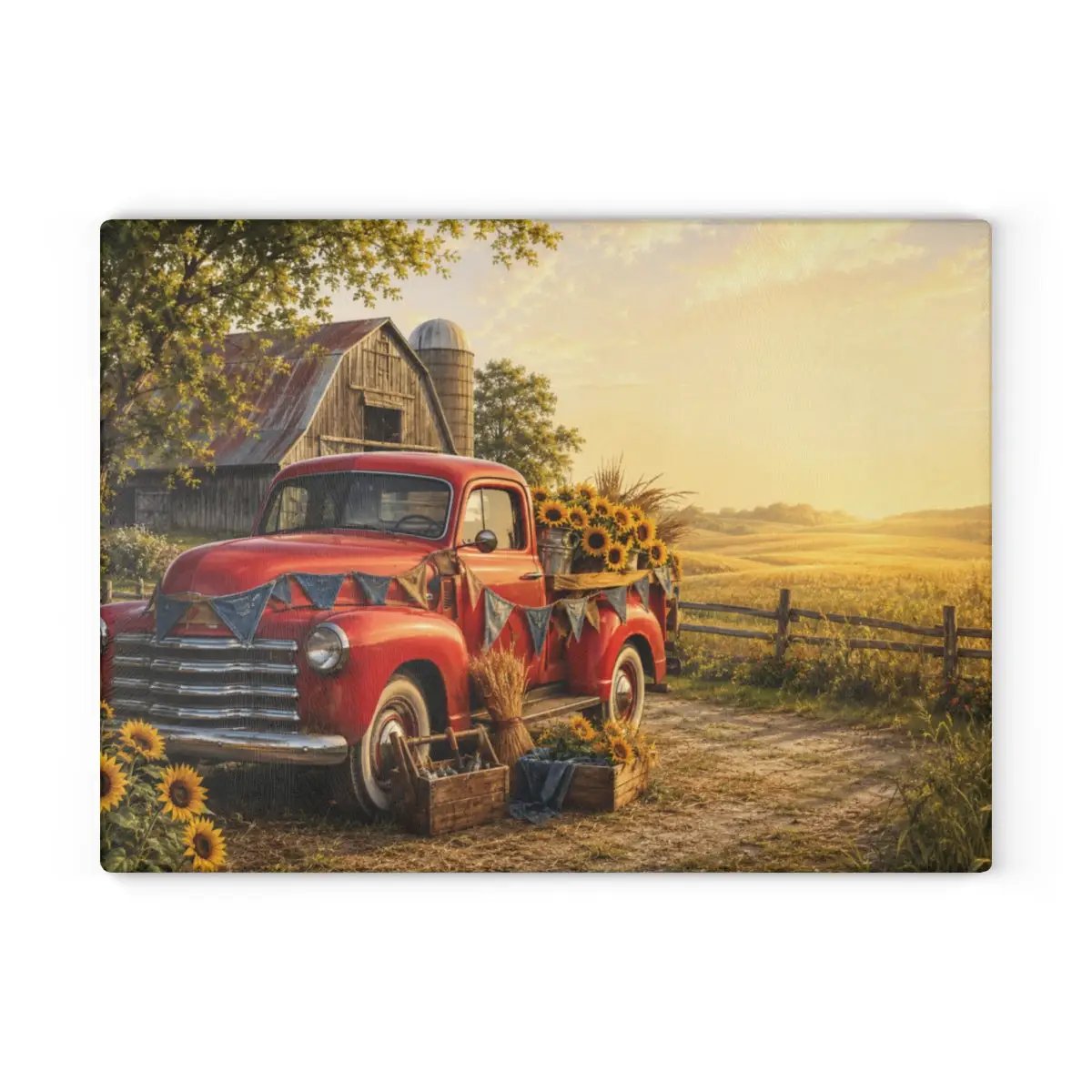 Red Vintage Truck Glass Cutting Board, Sunflower Farmhouse Kitchen Decor, Country Harvest Cutting Board, Rustic Farmhouse Gift
