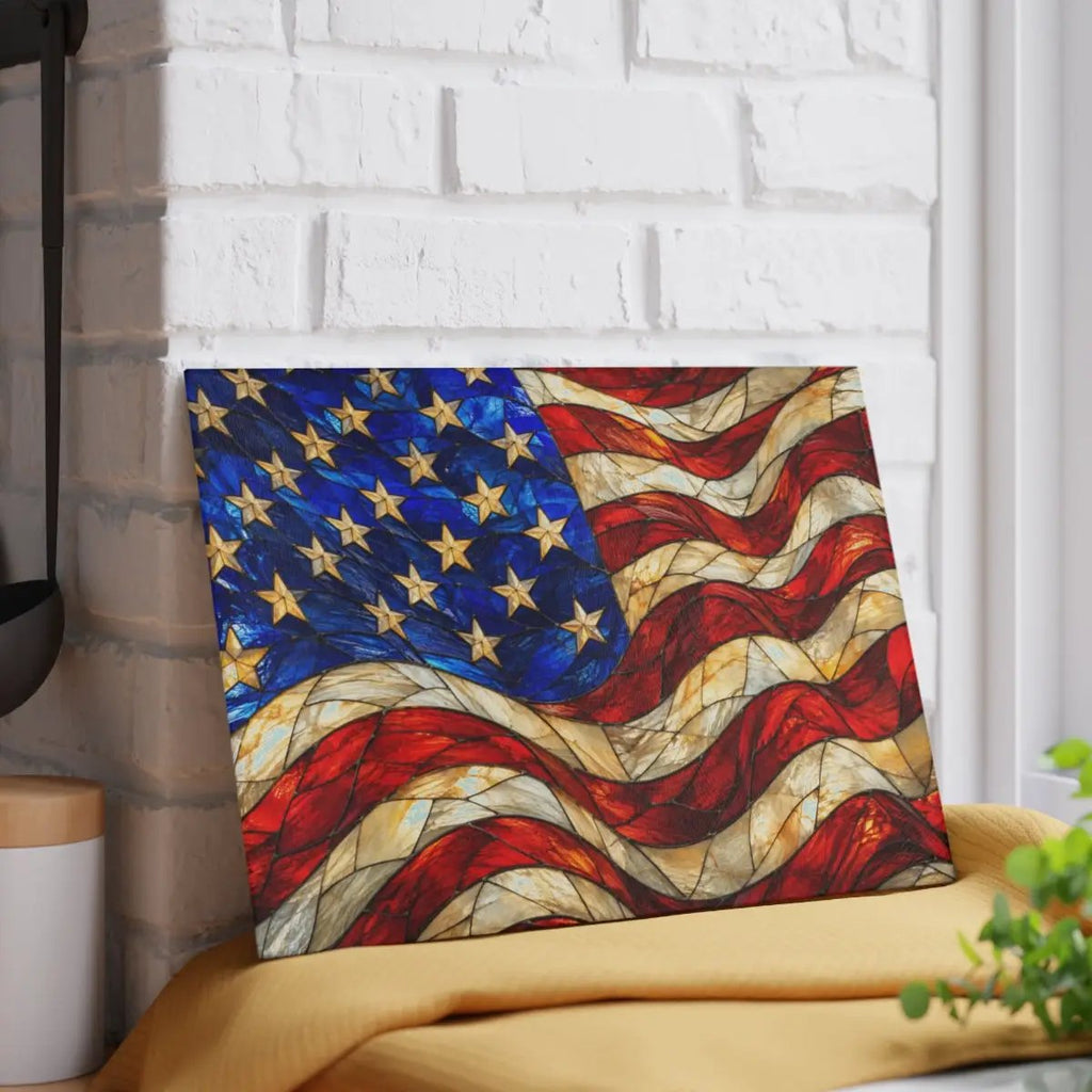 American Patriotic Flag Glass Cutting Board, Stained Glass Style USA Flag, Americana Kitchen Decor, Patriotic Gift