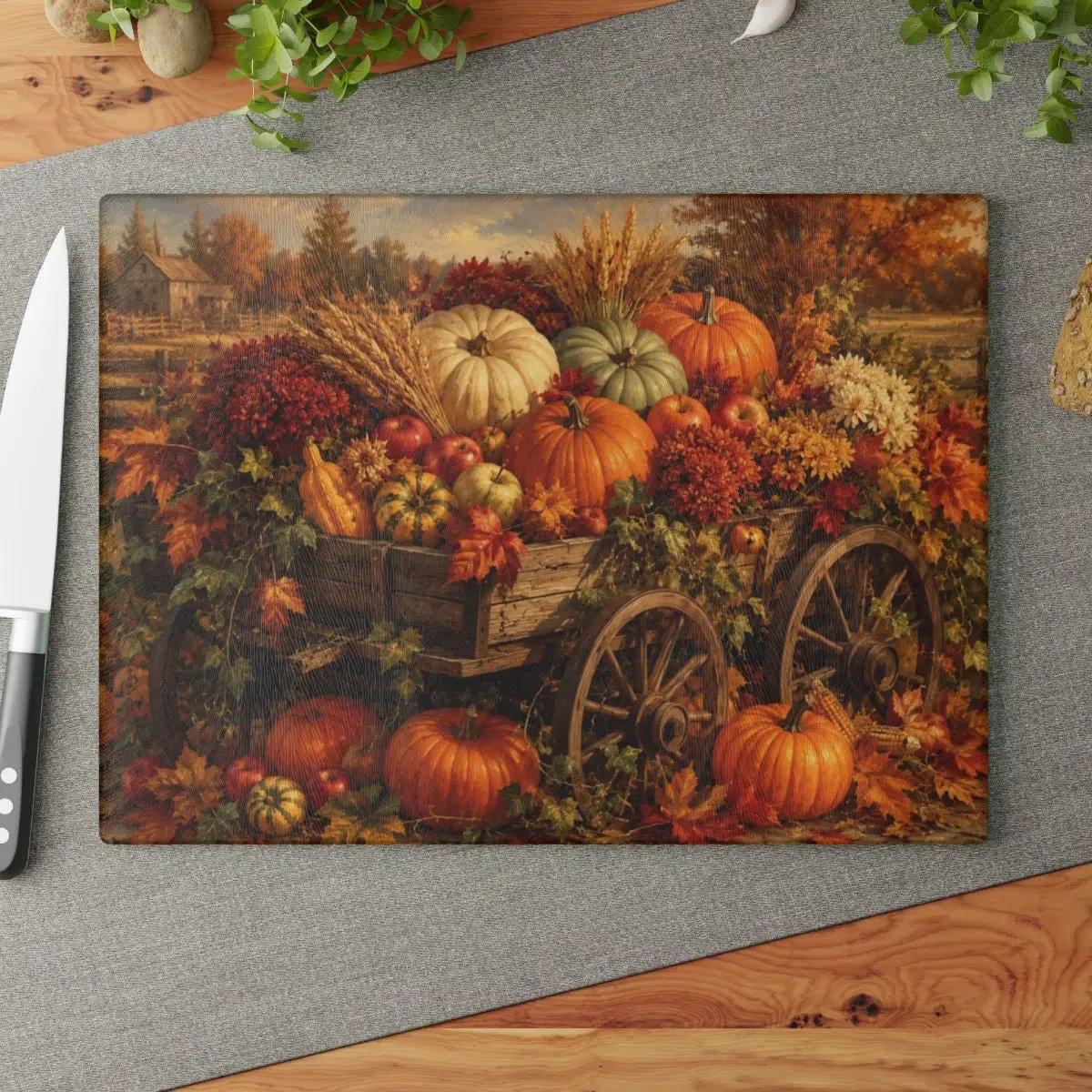 Fall Harvest Wagon Glass Cutting Board, Rustic Farmhouse Kitchen Decor, Pumpkin Cutting Board, Thanksgiving Gift