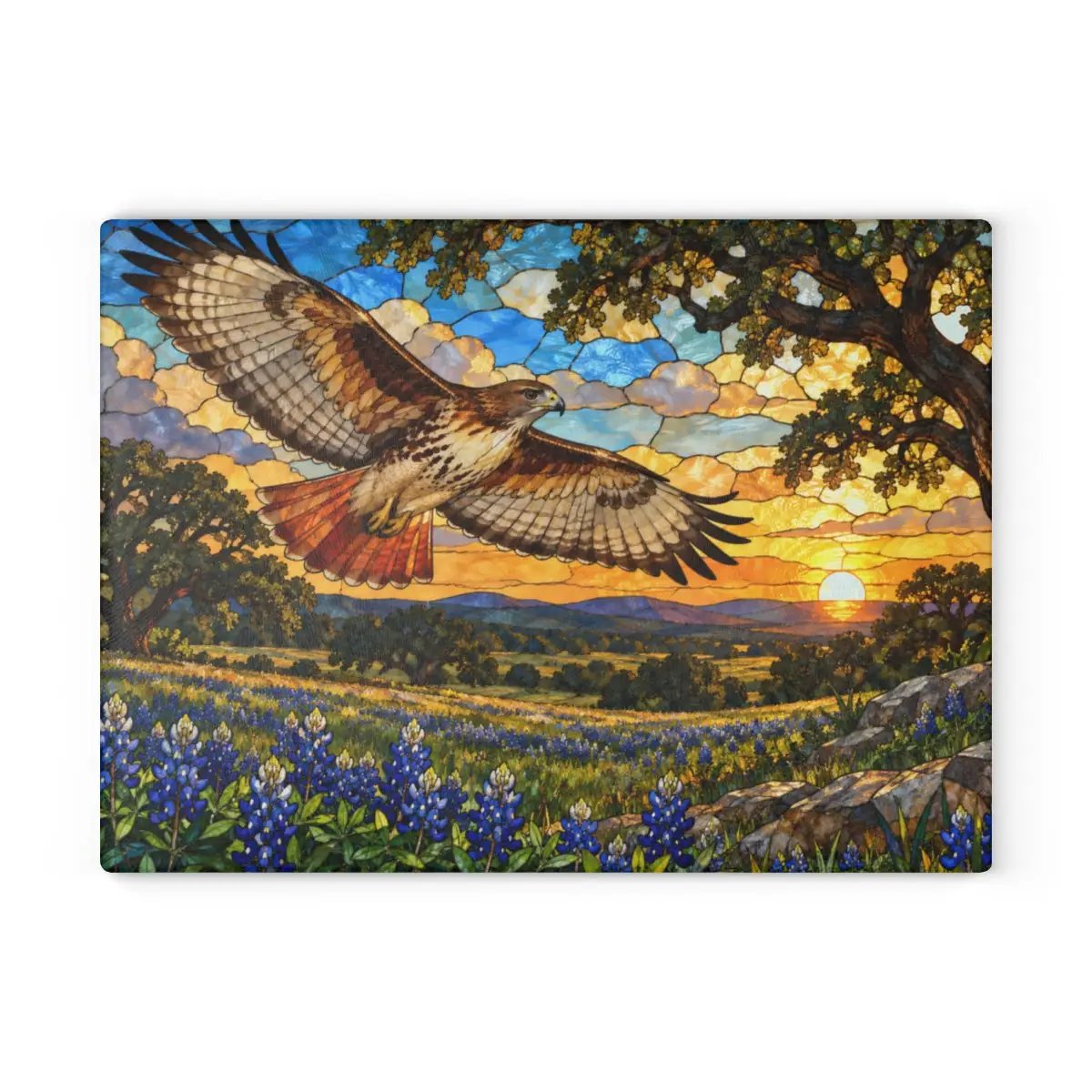 Red-Tailed Hawk Glass Cutting Board, Wildlife Kitchen Decor, Bird Lover Gift, Scenic Sunset Countryside Chopping Board, Nature Home Accent