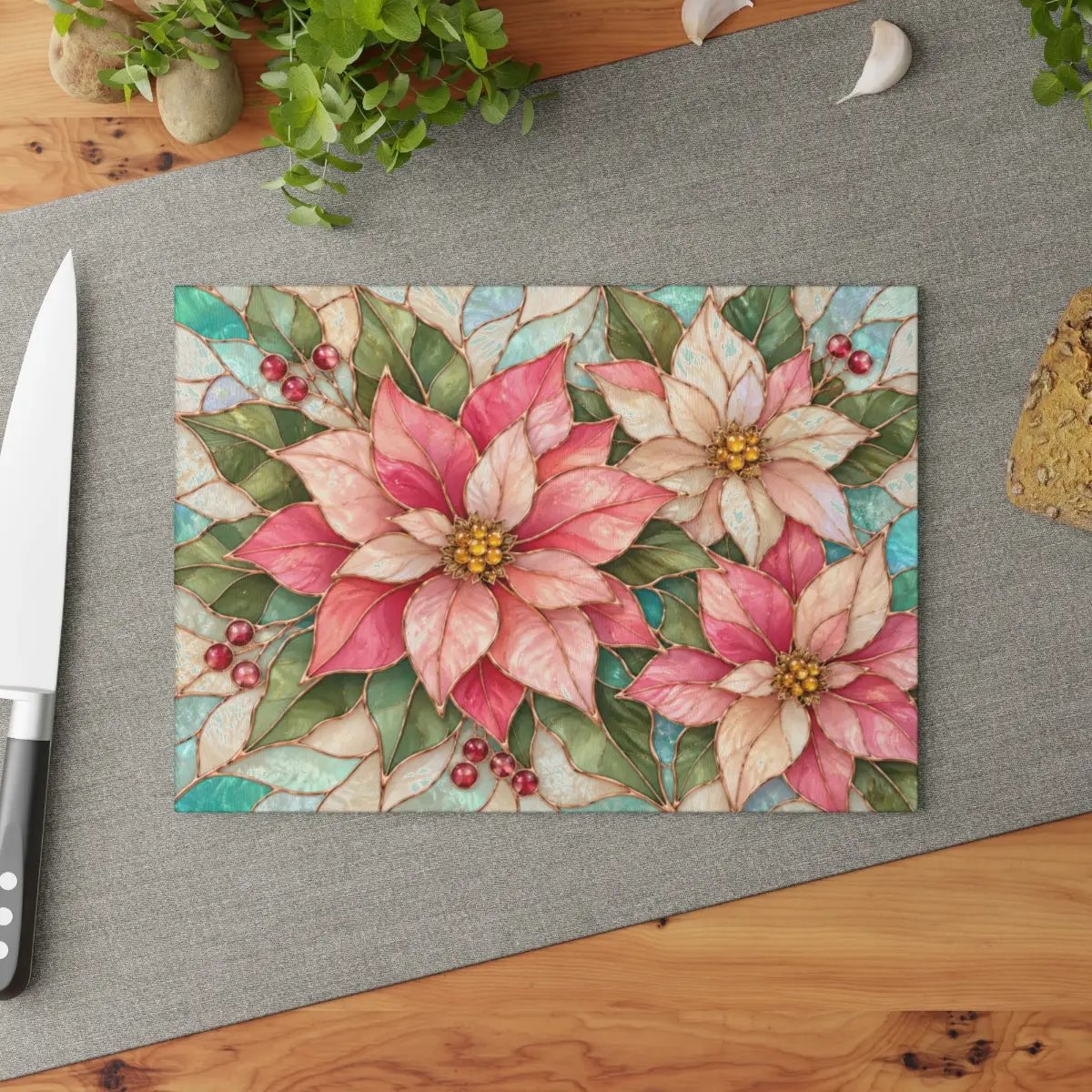 Pink Poinsettia Glass Cutting Board, Christmas Floral Kitchen Decor, Tempered Chopping Board, Holiday Hostess Gift, Serving Board for Home