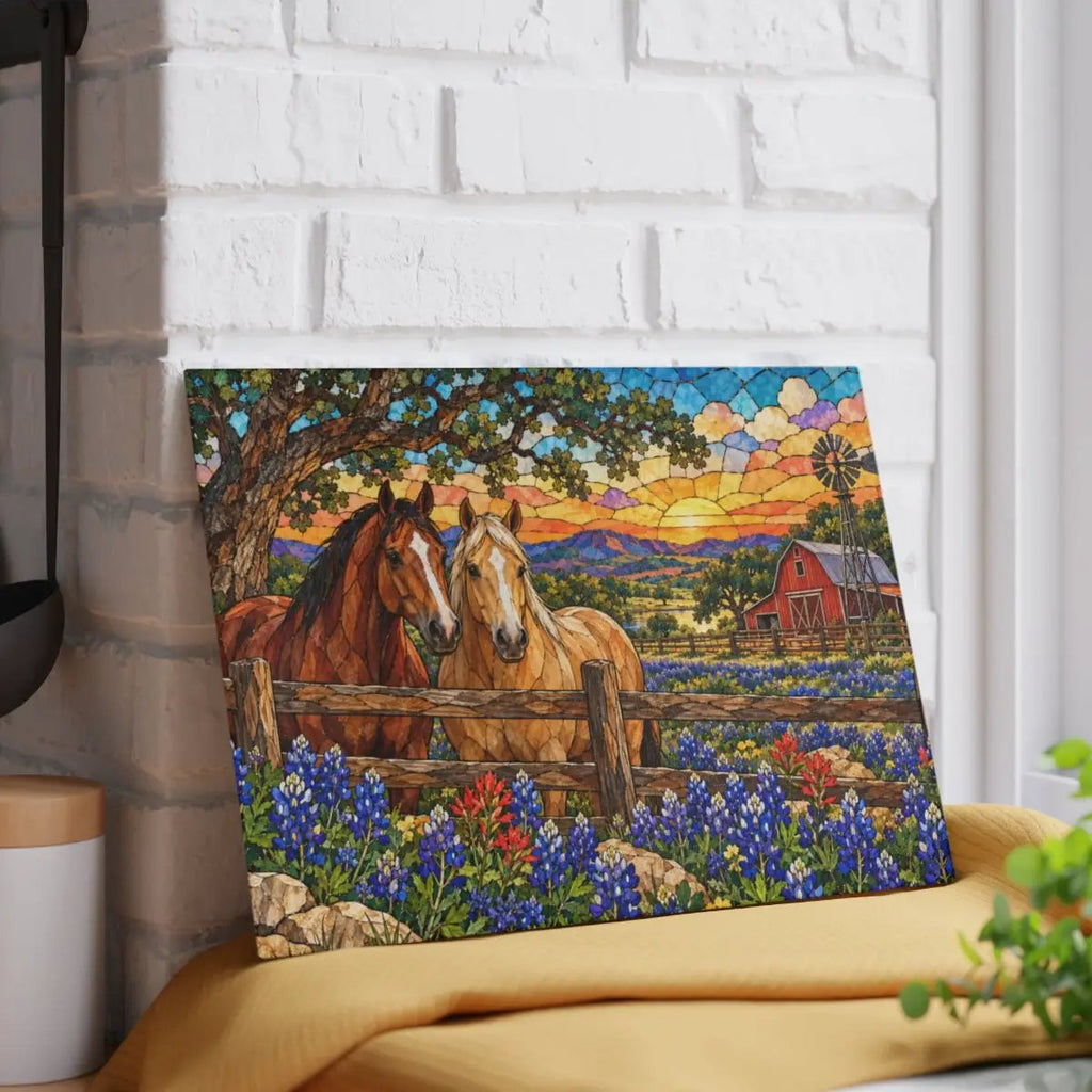 Bluebonnet Ranch Glass Cutting Board, Texas Horse Kitchen Decor, Bluebonnet Gift, Western Ranch Decor, Stained Glass Style Cutting Board