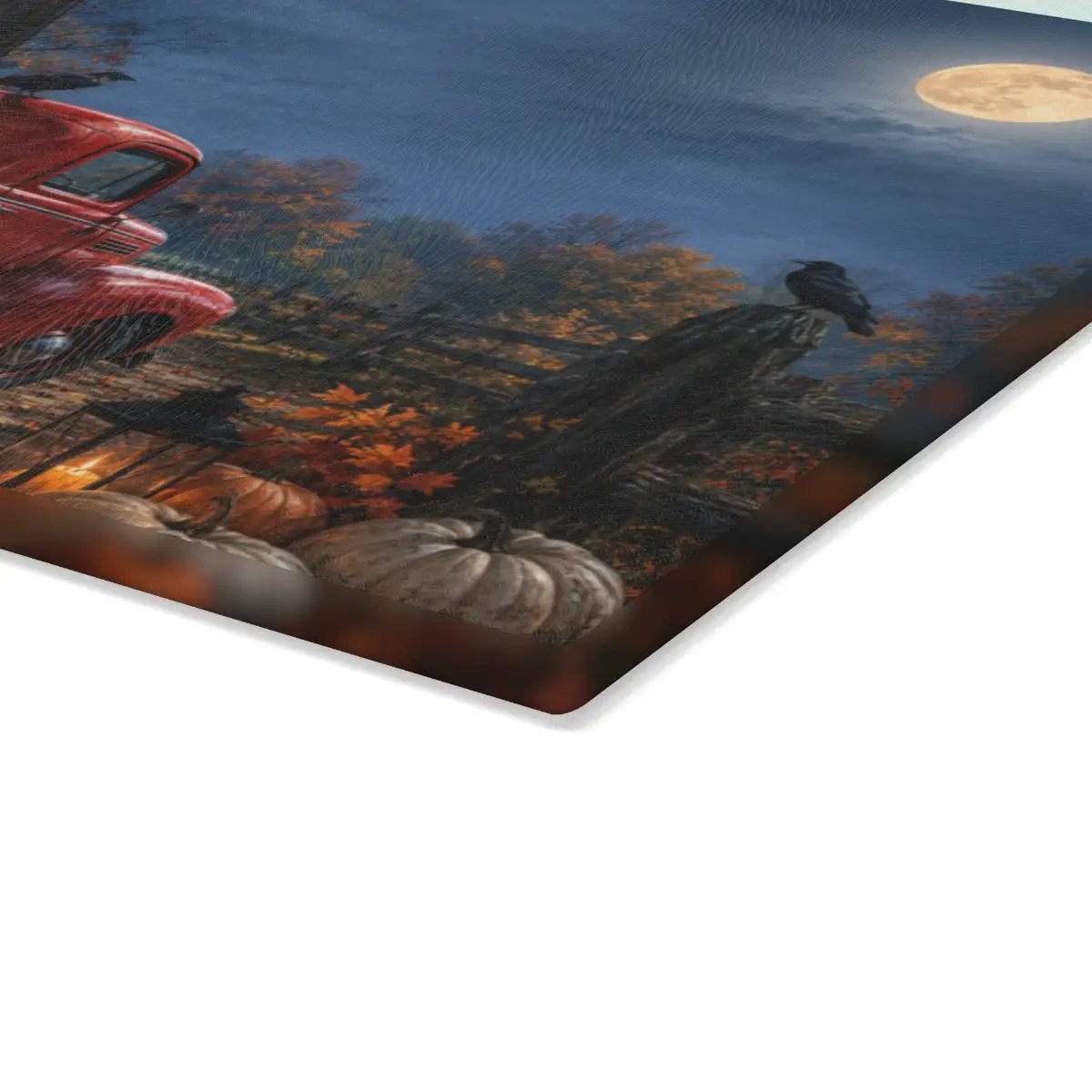 Halloween Glass Cutting Board, Red Vintage Truck with Pumpkins, Spooky Farmhouse Kitchen Decor, Rustic Halloween Gift