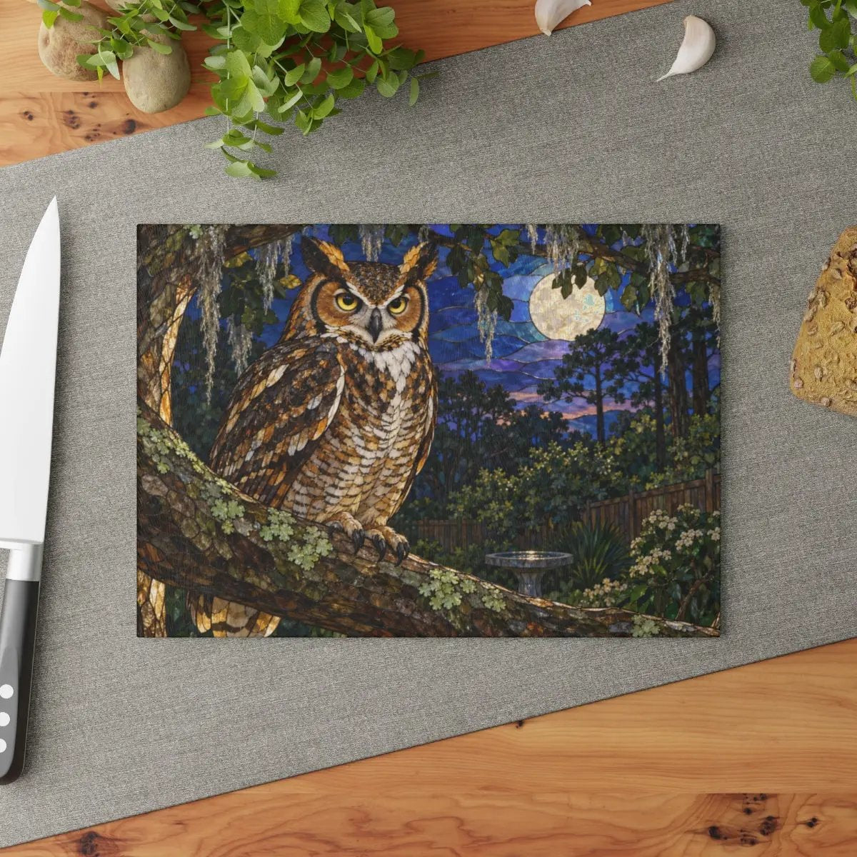 Great Horned Owl Glass Cutting Board, Owl Kitchen Decor, Backyard Bird Lover Gift, Birdwatcher Gift, Woodland Serving Board