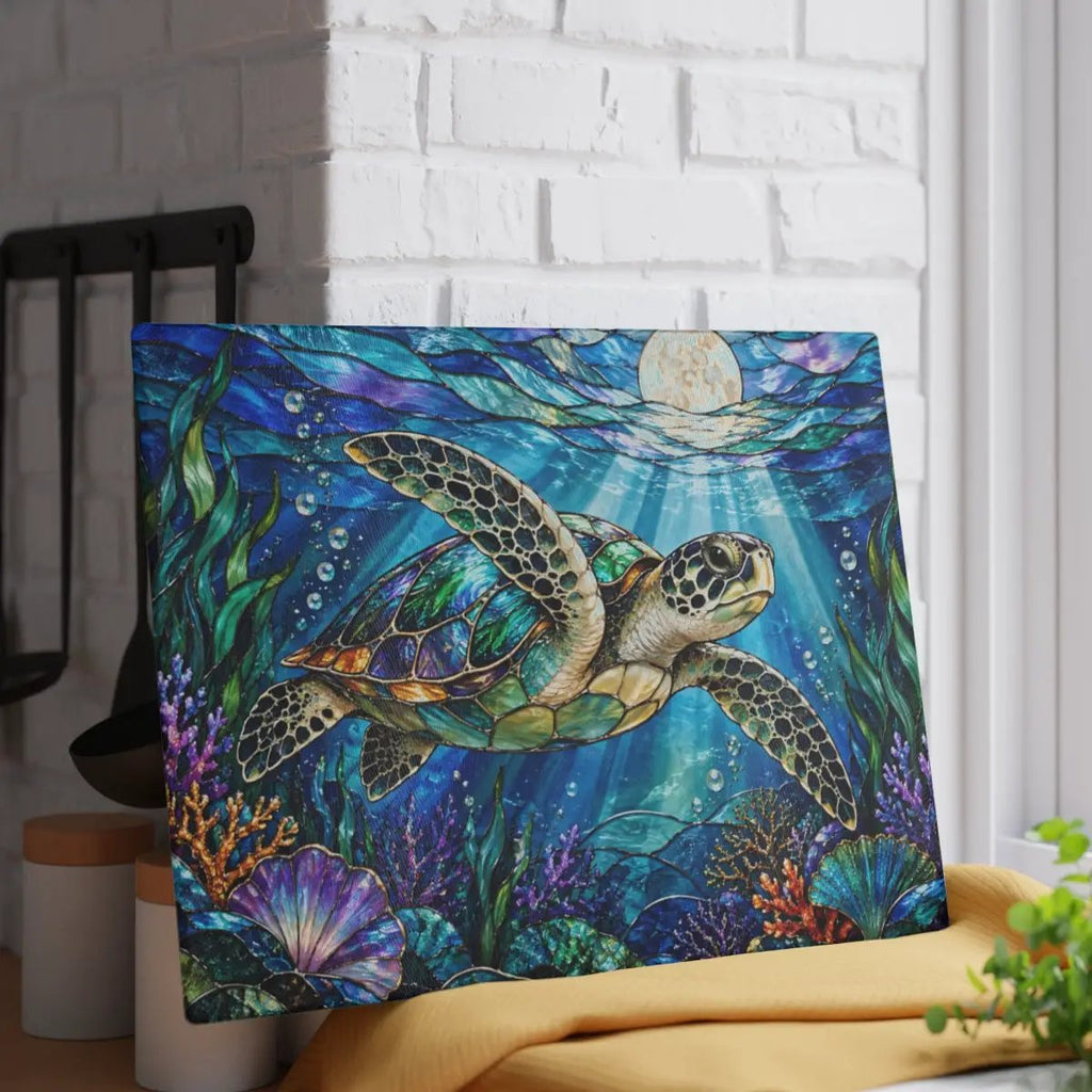 Sea Turtle Cutting Board, Ocean Kitchen Decor, Underwater Sea Life Chopping Board, Moonlit Marine Animal Gift, Coastal Kitchen Accent