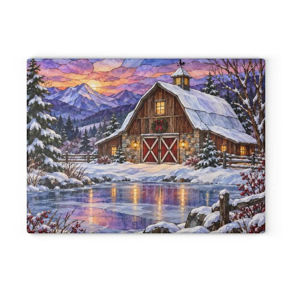 Personalized Winter Barn Cutting Board, Country Farmhouse Kitchen Decor, Stained Glass Farm Scene, Rustic Christmas Gift, Custom Family Gift