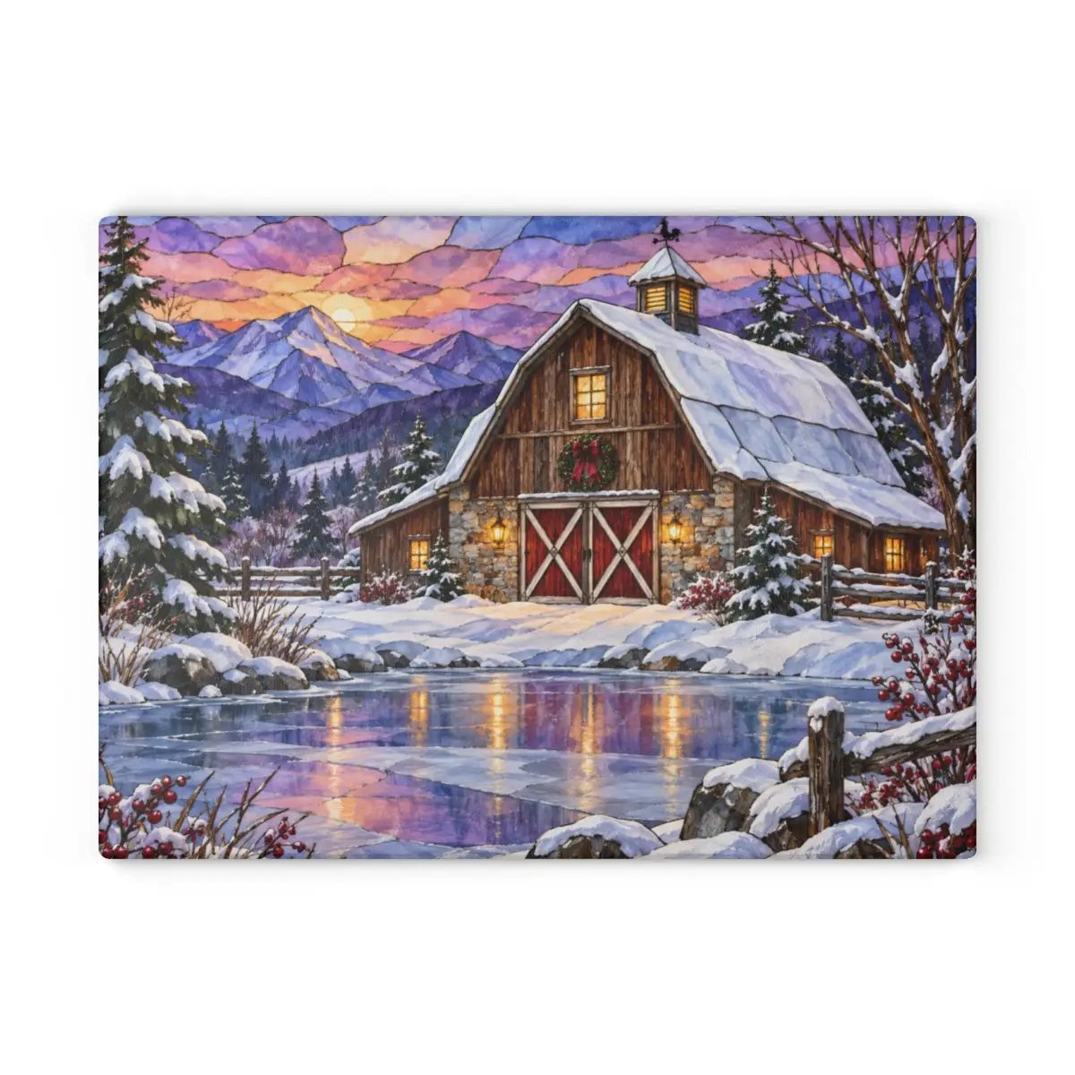 Personalized Winter Barn Cutting Board, Country Farmhouse Kitchen Decor, Stained Glass Farm Scene, Rustic Christmas Gift, Custom Family Gift