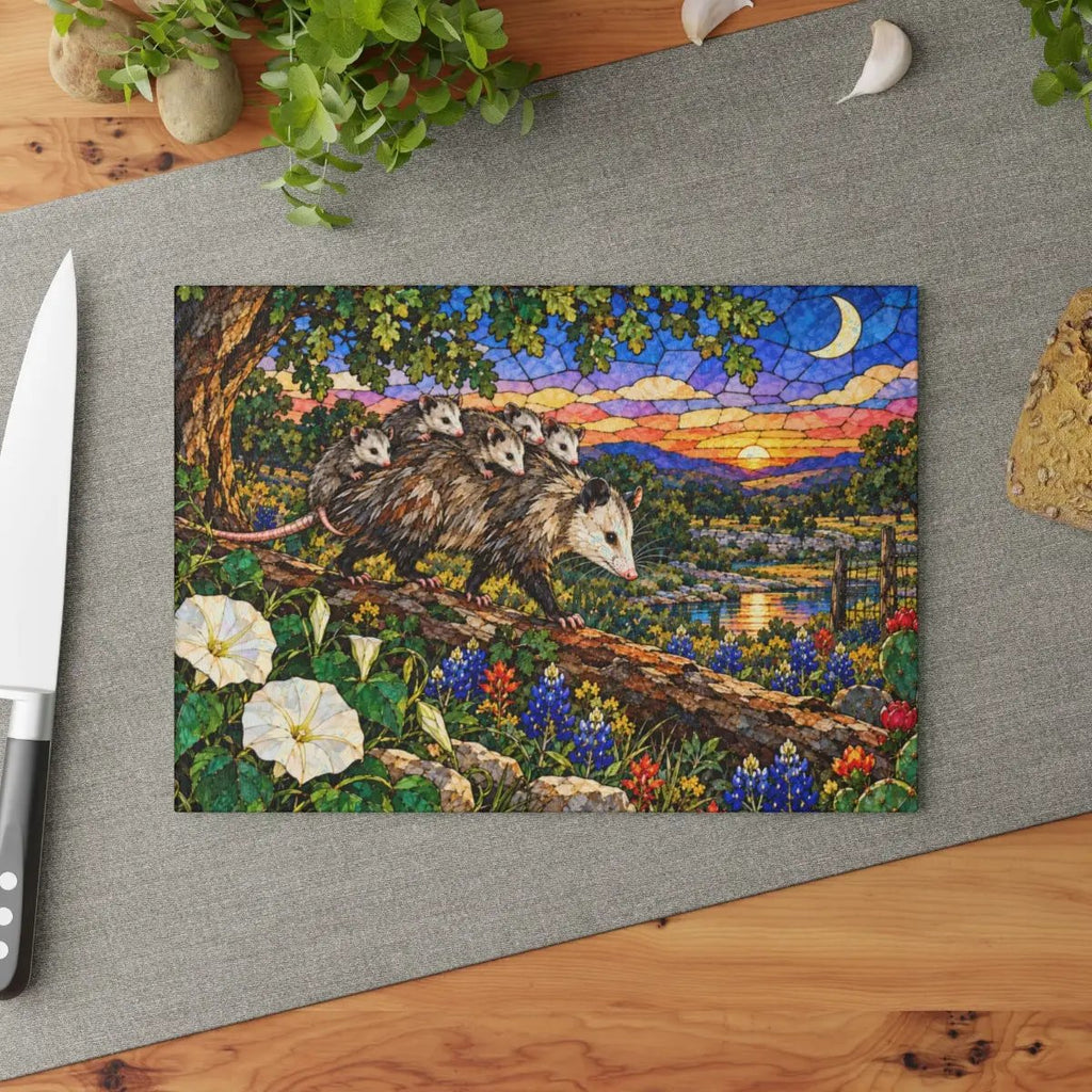 Possum Family Glass Cutting Board, Opossum Mom and Babies Gift, Texas Wildlife Kitchen Decor, Possum Lover Gift, Country Kitchen Art