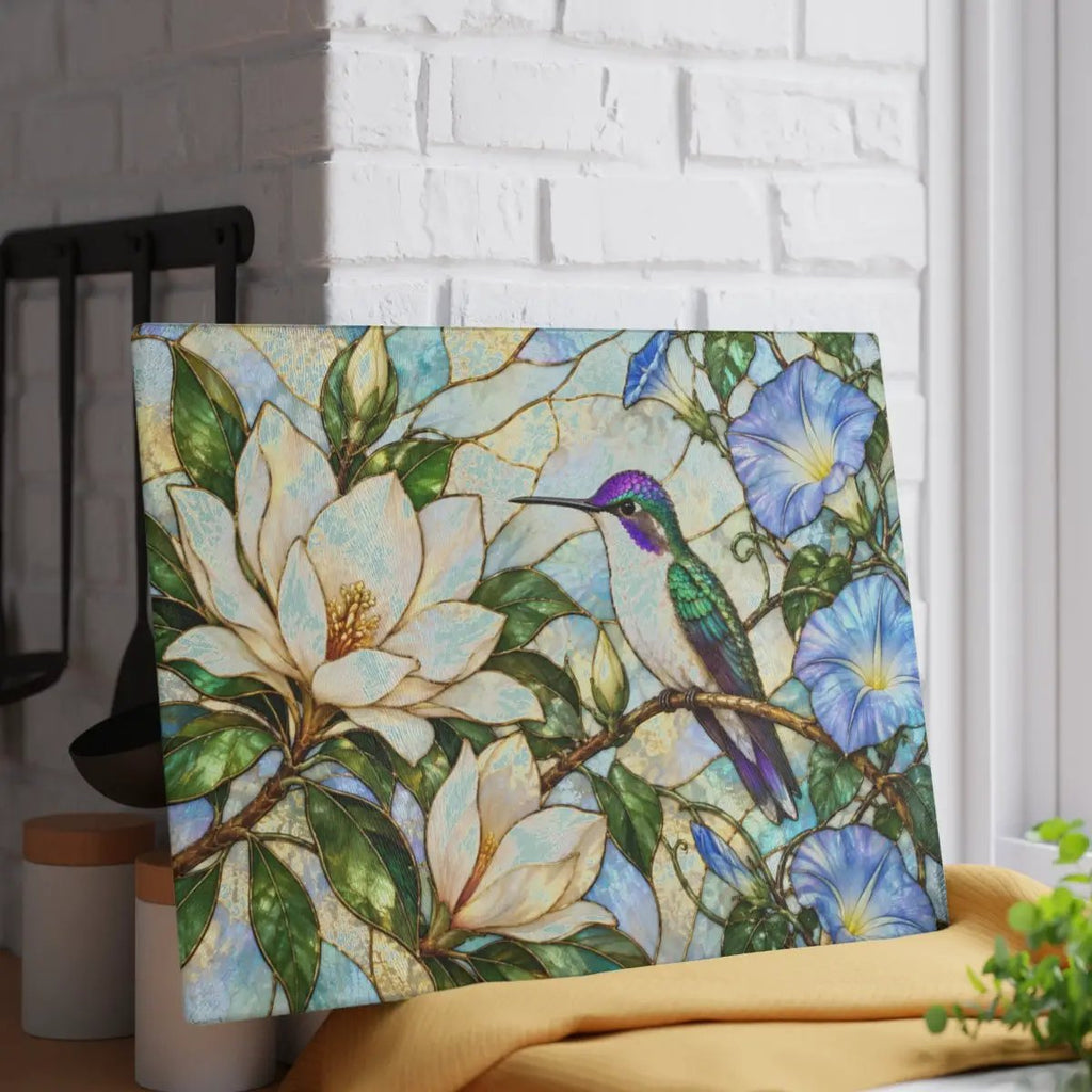 Hummingbird Cutting Board, Stained Glass Bird Decor, Magnolia Flower Kitchen Decor, Morning Glory Gift, Nature Lover Gift