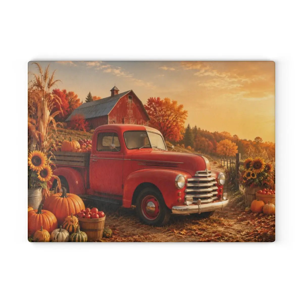Fall Glass Cutting Board, Red Vintage Truck with Pumpkins and Sunflowers, Autumn Farmhouse Kitchen Decor, Harvest Gift