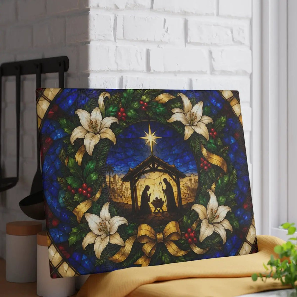 Nativity Glass Cutting Board, Stained Glass Christmas Decor, Holy Family Christian Kitchen Gift, Religious Christmas Cutting Board