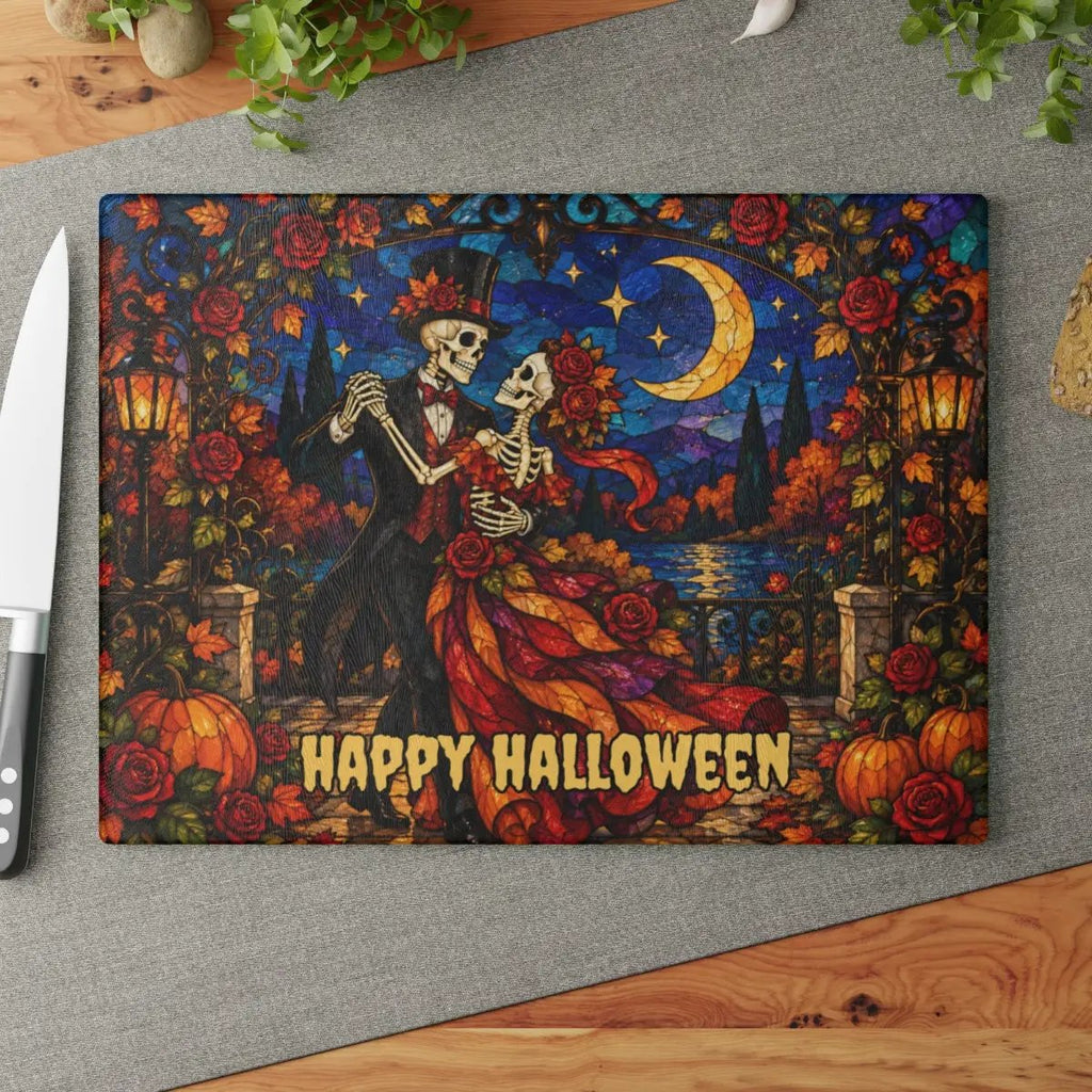 Halloween Skeleton Dancing Couple Personalized Glass Cutting Board, Gothic Romance Kitchen Decor