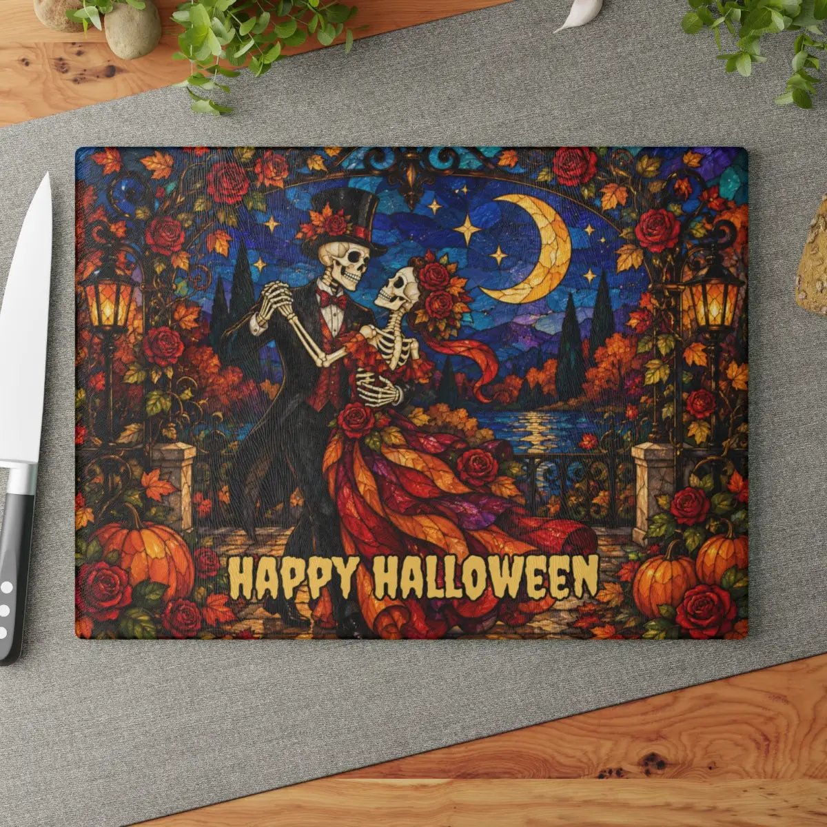 Halloween Skeleton Dancing Couple Personalized Glass Cutting Board, Gothic Romance Kitchen Decor